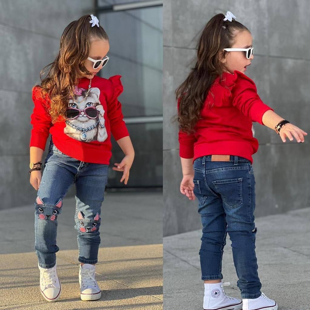 Set Blugi cu Tricou cu Maneca Lunga cu Pisicuta Medeea