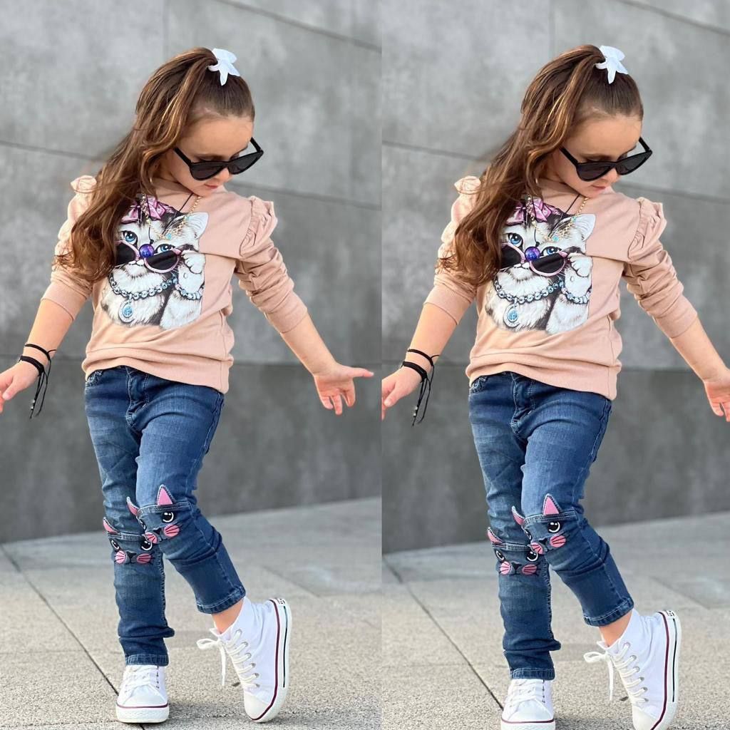 Set Blugi cu Tricou cu Maneca Lunga cu Pisicuta Medeea