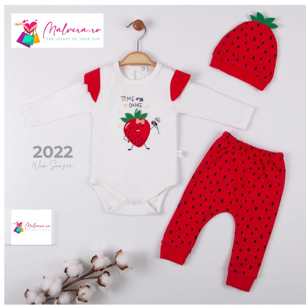 Set Body Pantaloni si Caciulita Strawberry Time to Dance