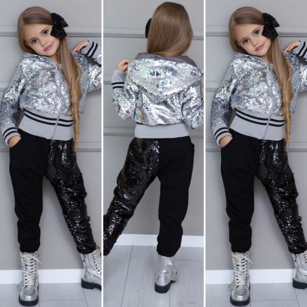 Set Geaca Argintie cu Paiete si Pantaloni