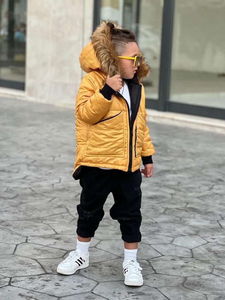 Set Geaca Galbena de Iarna cu Fular si Caciula