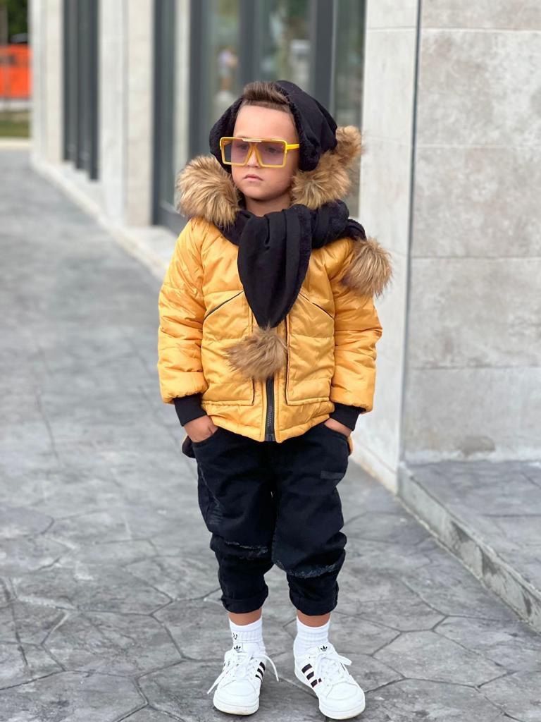 Set Geaca Galbena de Iarna cu Fular si Caciula