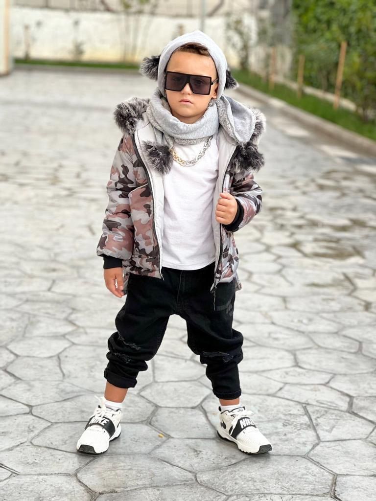 Set Geaca Gri pentru Baieti de Iarna cu Fular si Caciula