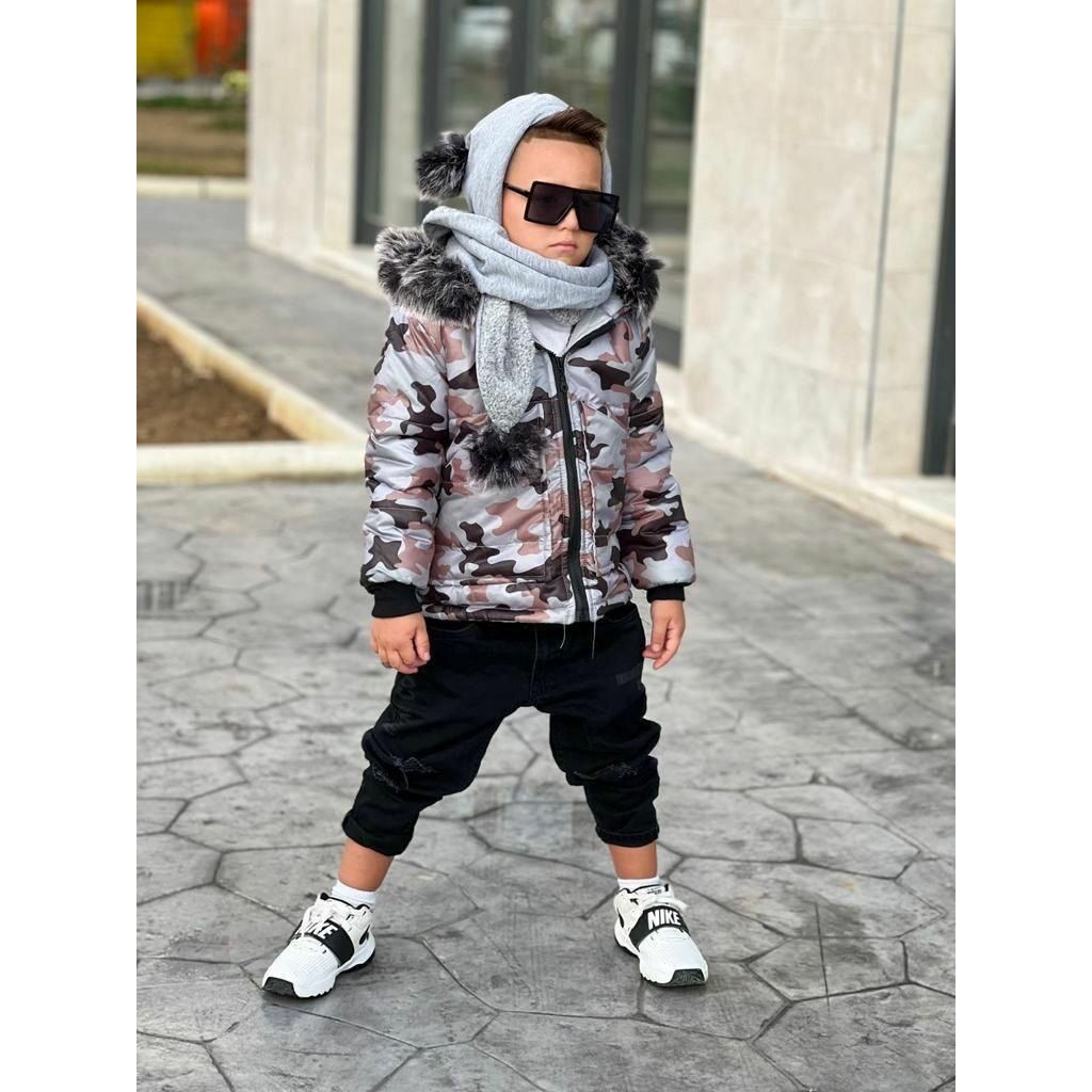 Set Geaca Gri pentru Baieti de Iarna cu Fular si Caciula