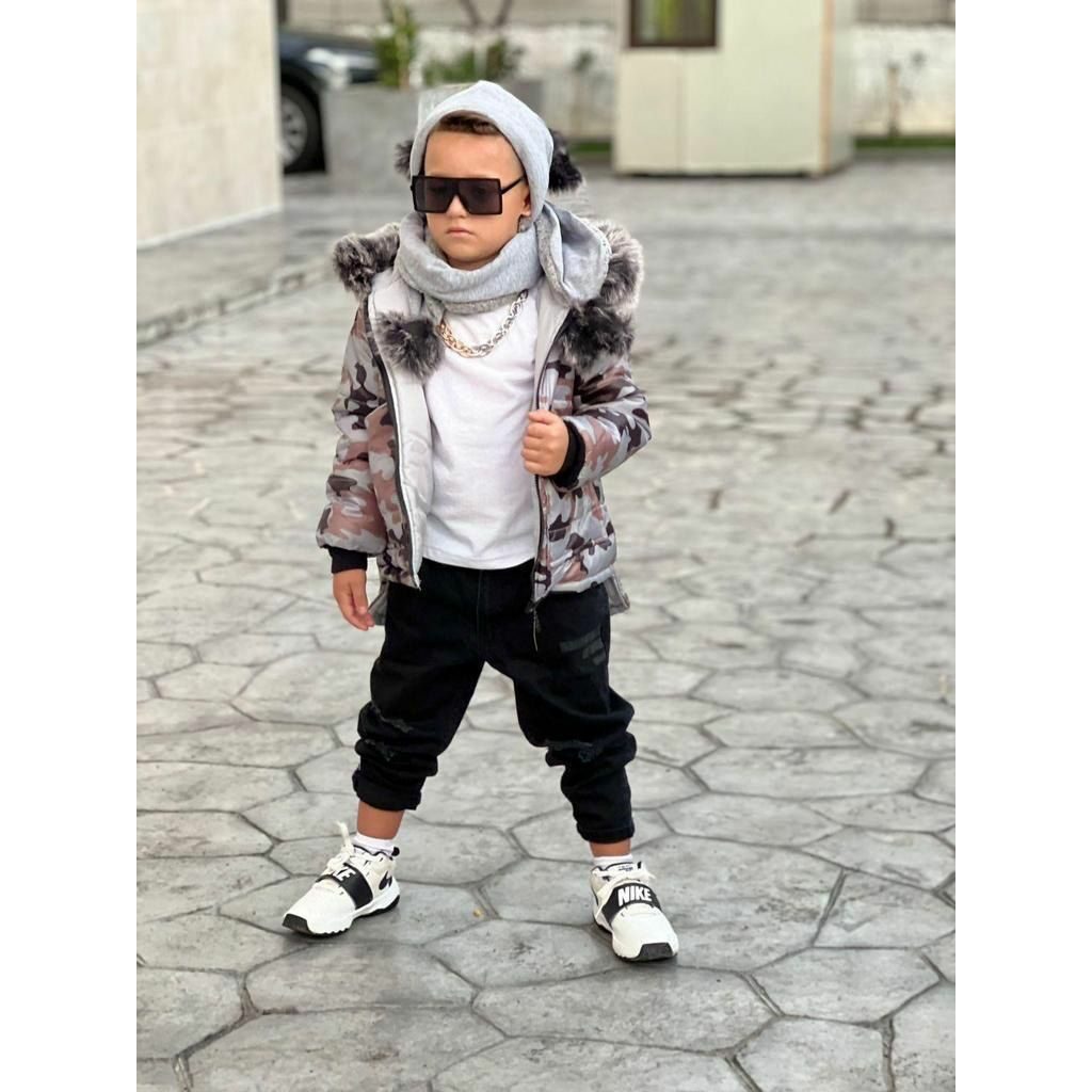 Set Geaca Gri pentru Baieti de Iarna cu Fular si Caciula