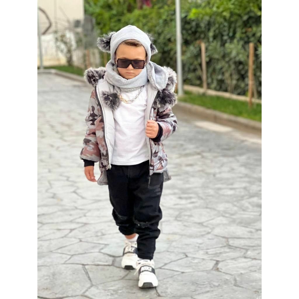 Set Geaca Gri pentru Baieti de Iarna cu Fular si Caciula