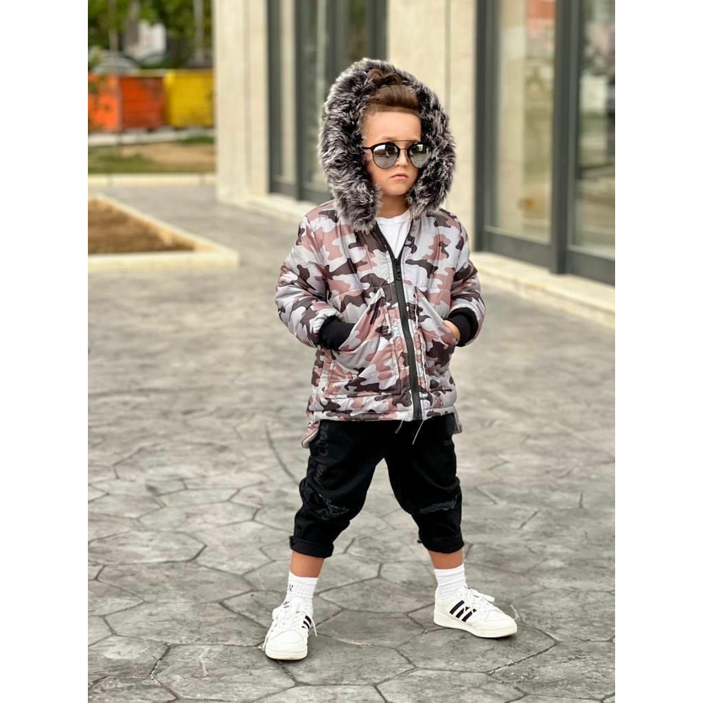 Set Geaca Gri pentru Baieti de Iarna cu Fular si Caciula