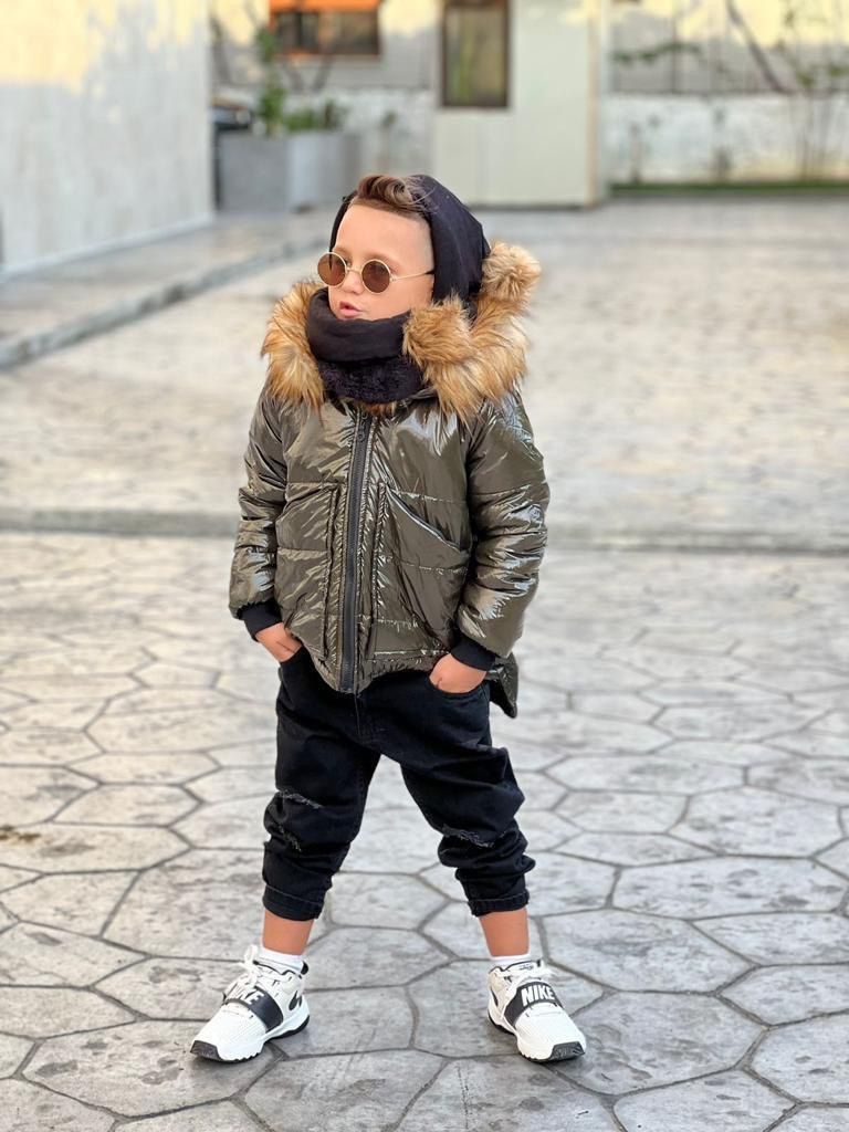 Set Geaca Kaki de Iarna cu Fular si Caciula