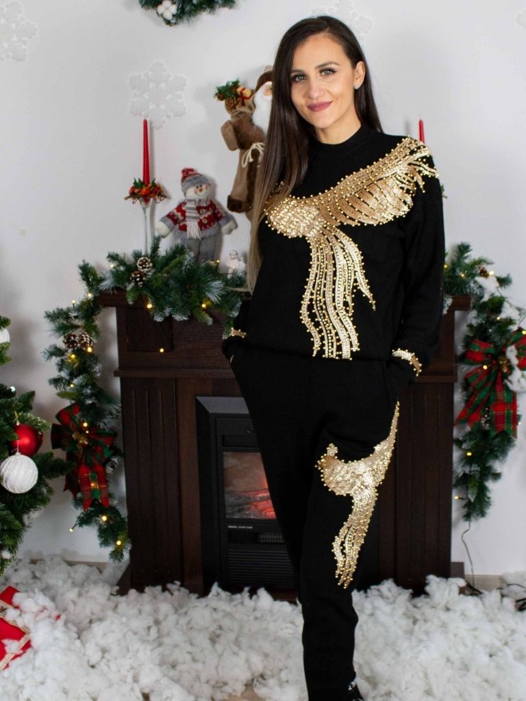 Set negru dama cu imprimeu auriu