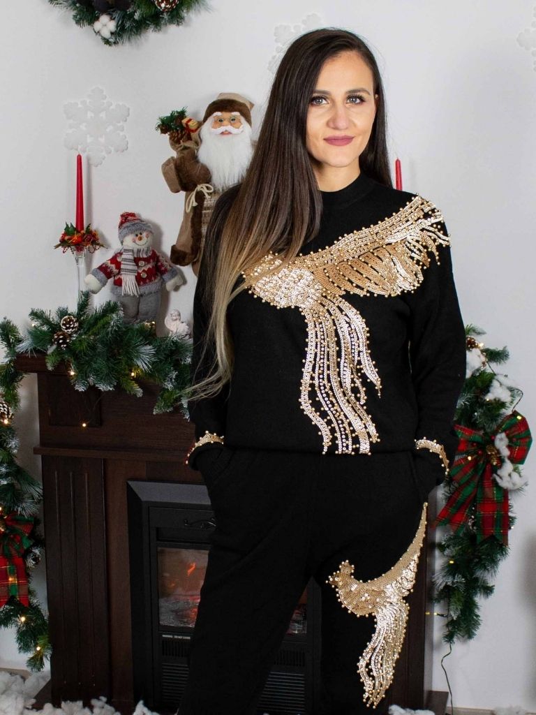 Set negru dama cu imprimeu auriu