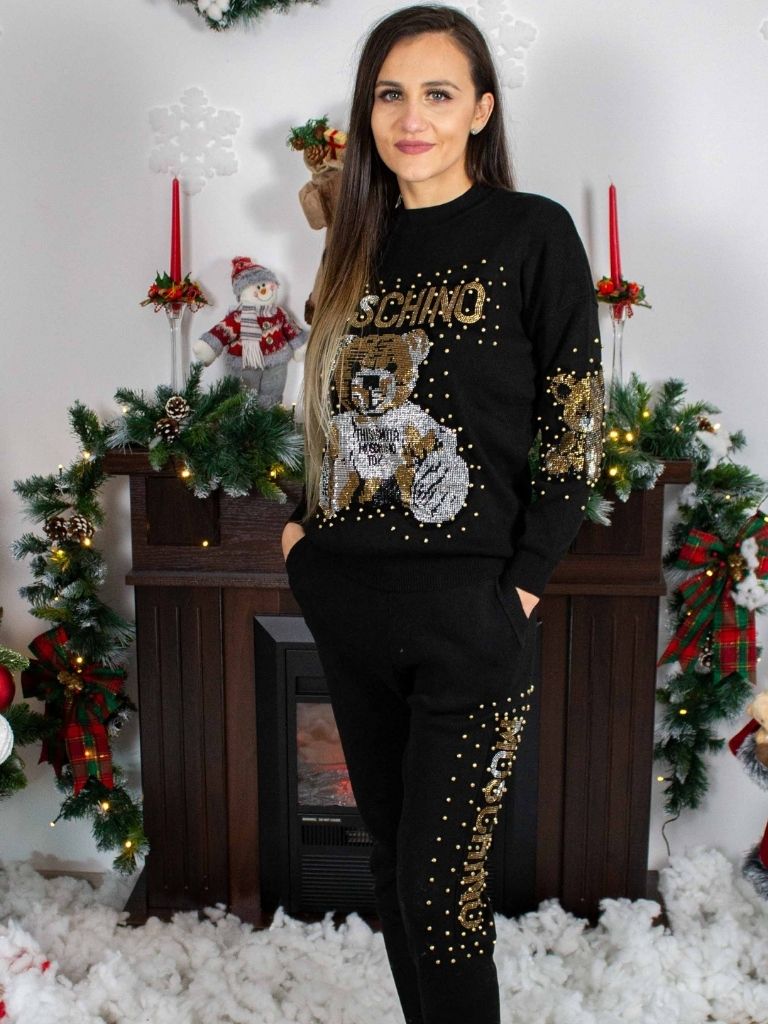 Set negru de dama cu imprimeu argintiu