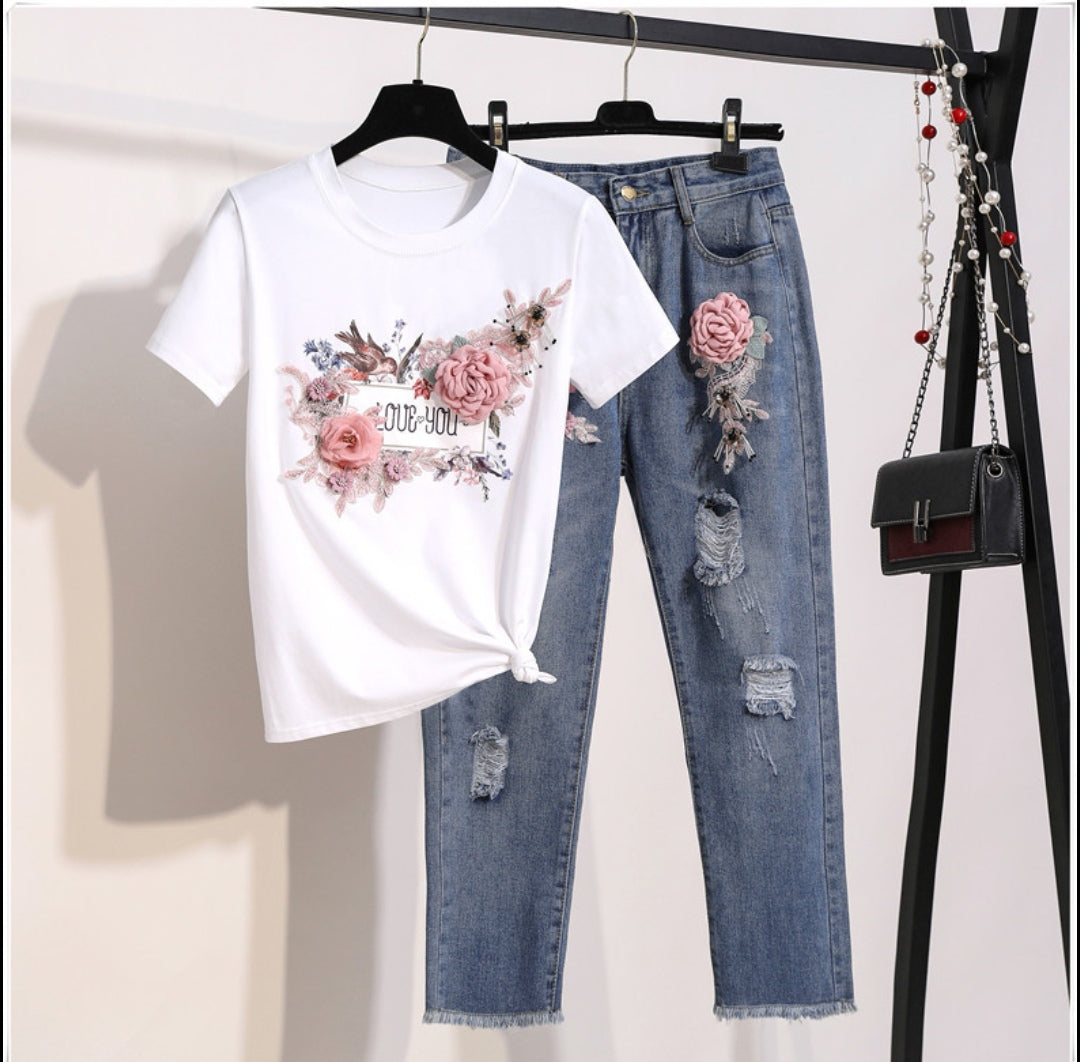 Set damă blugi și tricou alb „Love You”