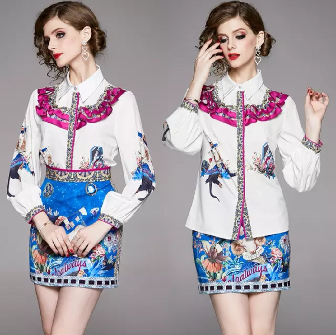 Set elegant dama camasa si fusta multicolora