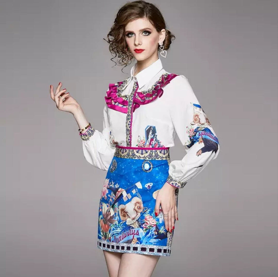 Set elegant dama camasa si fusta multicolora