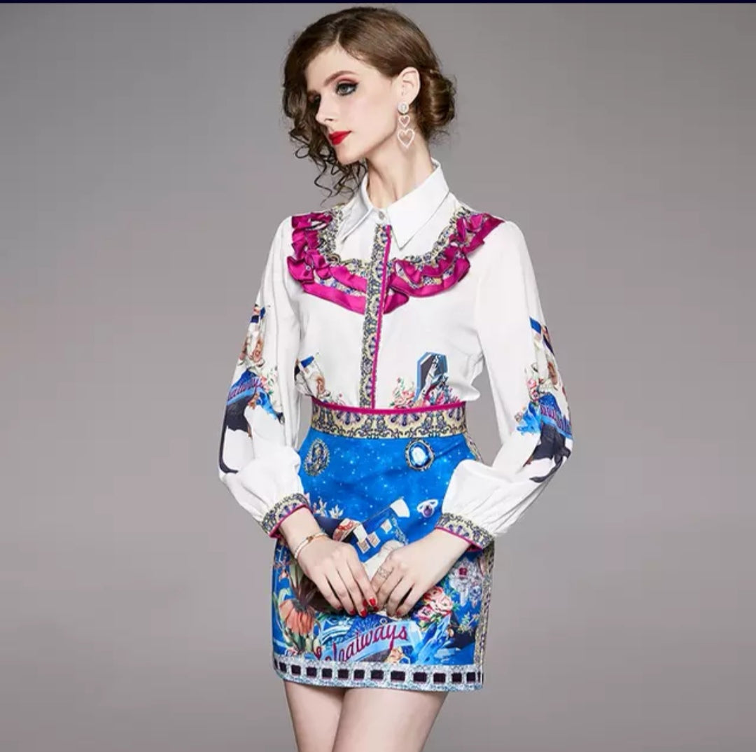 Set elegant dama camasa si fusta multicolora