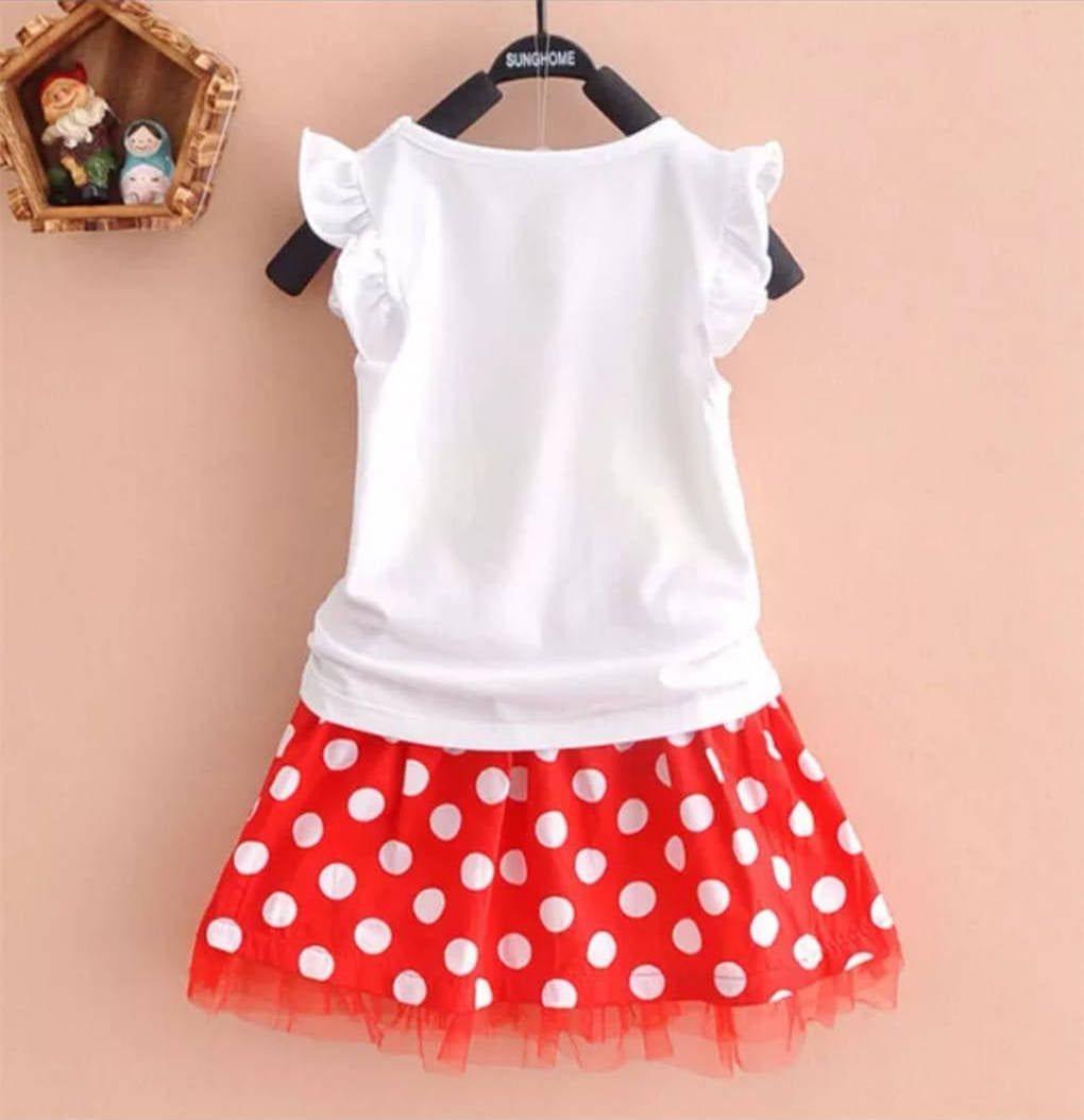 Set 2 piese fetițe tricou alb cu mânecă scurtă și fustă roșie cu buline albe