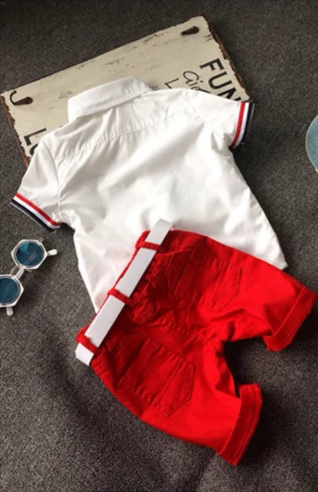 Set 2 Piese Băieti Format din Camasa Alba si Pantaloni Scurti Rosii Andy