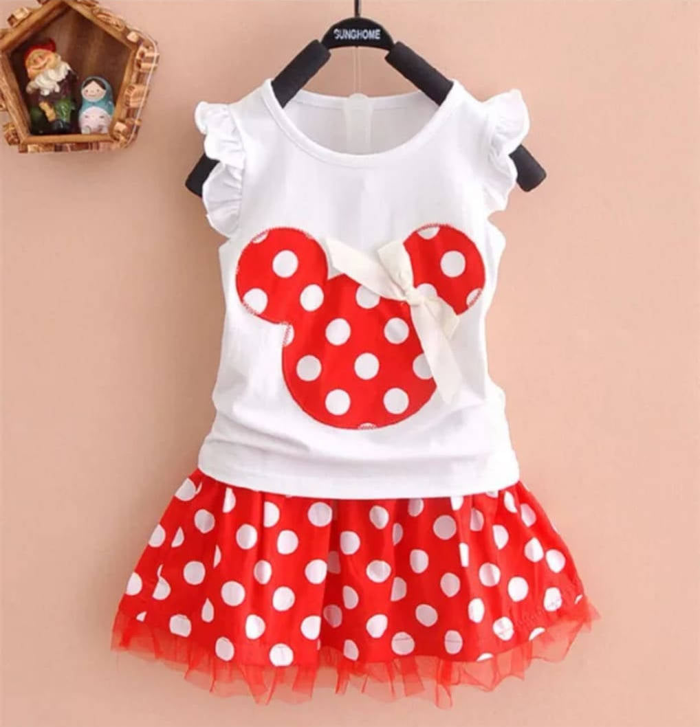 Set 2 piese fetițe tricou alb cu mânecă scurtă și fustă roșie cu buline albe