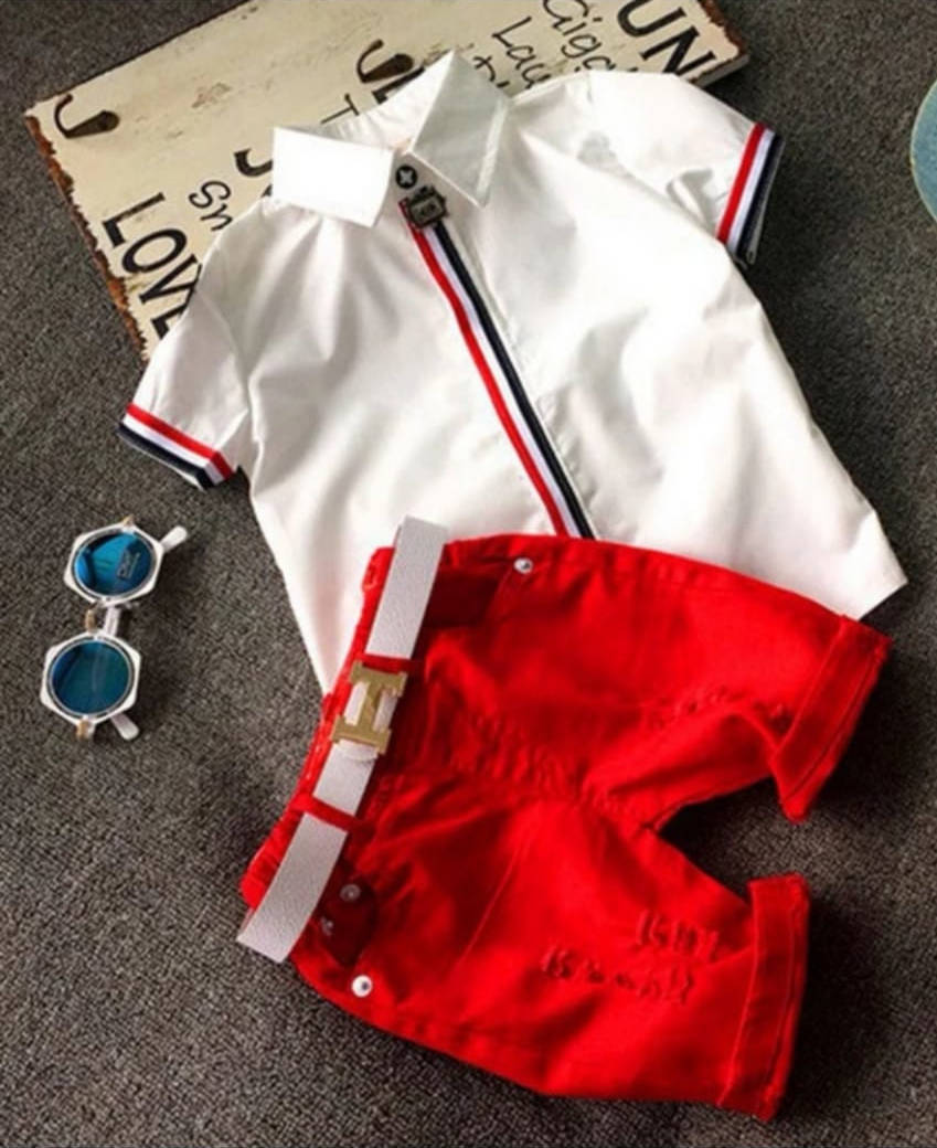 Set 2 Piese Băieti Format din Camasa Alba si Pantaloni Scurti Rosii Andy