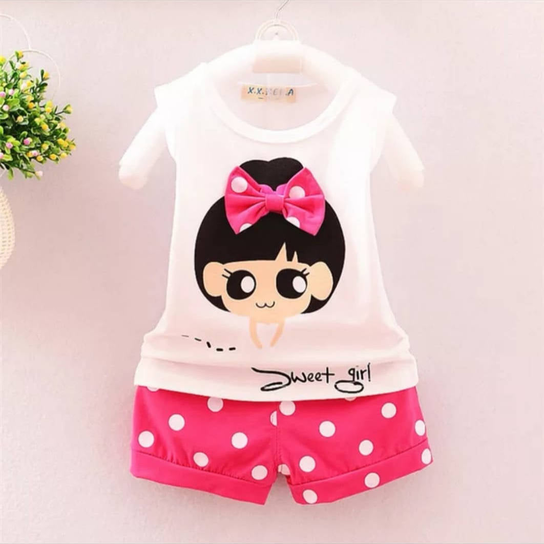 Set tricou alb cu pantaloni scurți roz cu buline pentru fetițe Sweet Girl