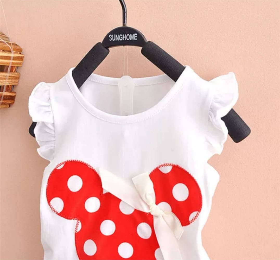 Set 2 piese fetițe tricou alb cu mânecă scurtă și fustă roșie cu buline albe