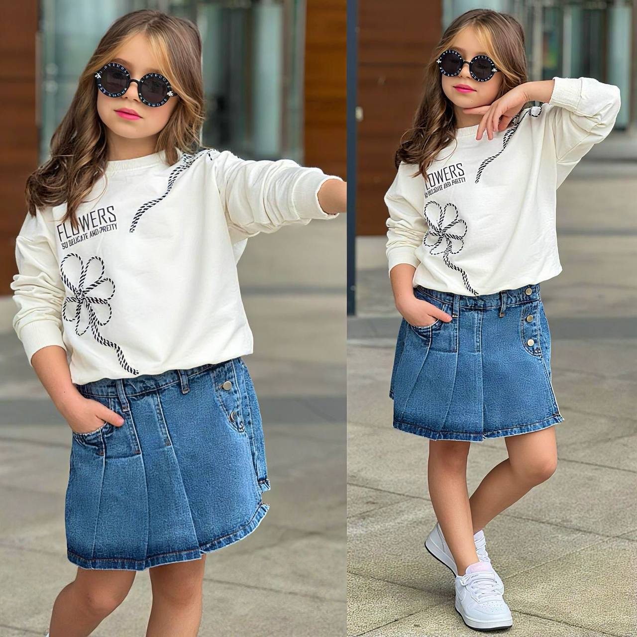 Set 2 piese, pentru fetite, cu Fusta si Bluza, Flowers