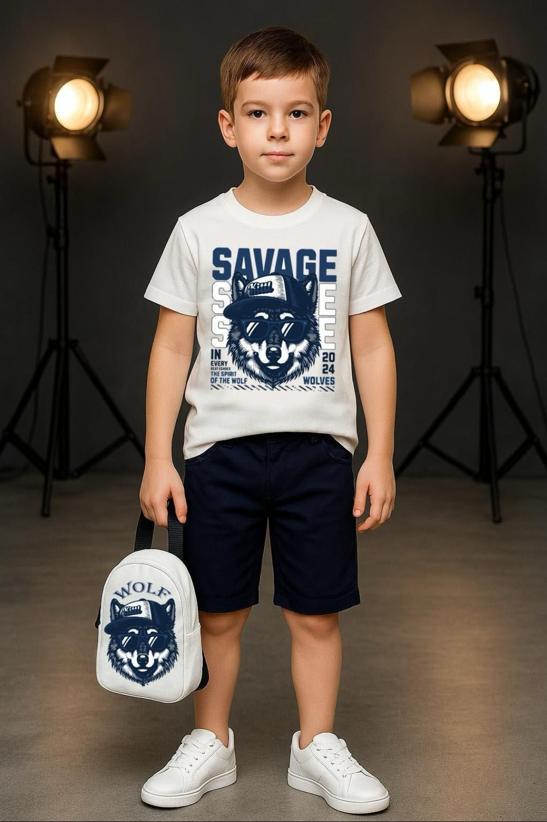 Set Tricou cu Pantaloni Scurti si Rucsacel pentru Baieti Savage Wolf