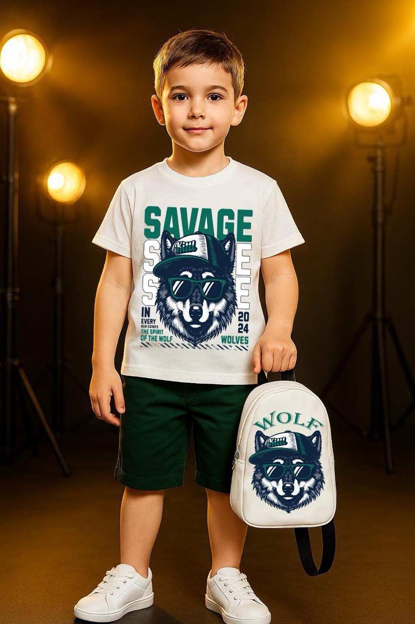 Set Tricou cu Pantaloni Scurti si Rucsacel pentru Baieti Savage Wolf