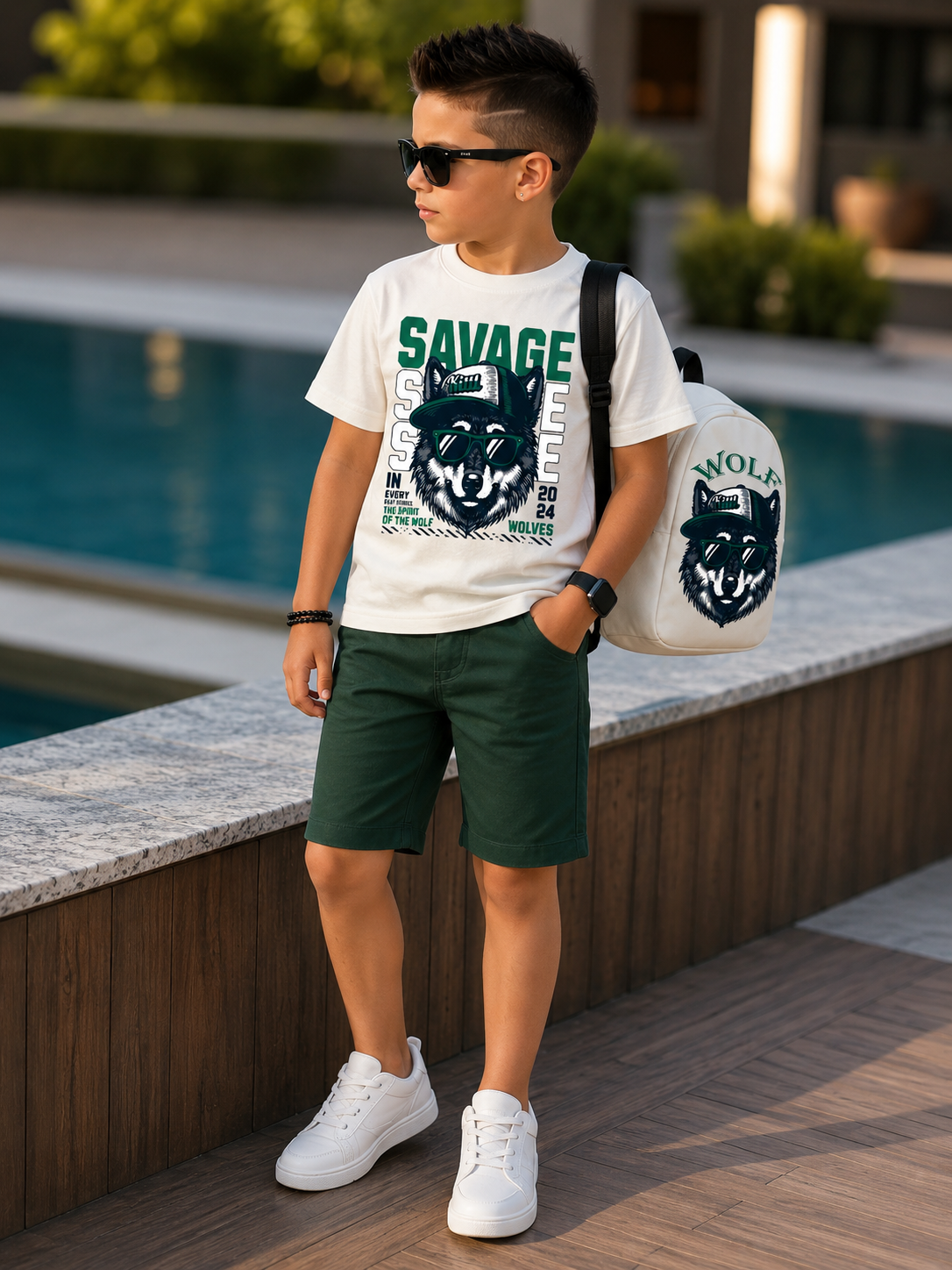 Set Tricou cu Pantaloni Scurti si Rucsacel pentru Baieti Savage Wolf