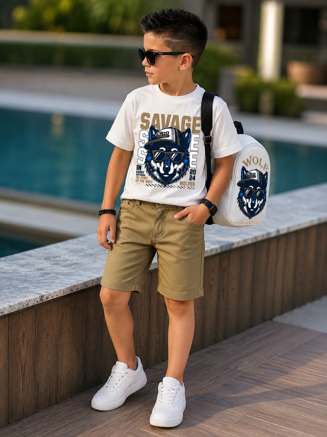 Set Tricou cu Pantaloni Scurti si Rucsacel pentru Baieti Savage Wolf
