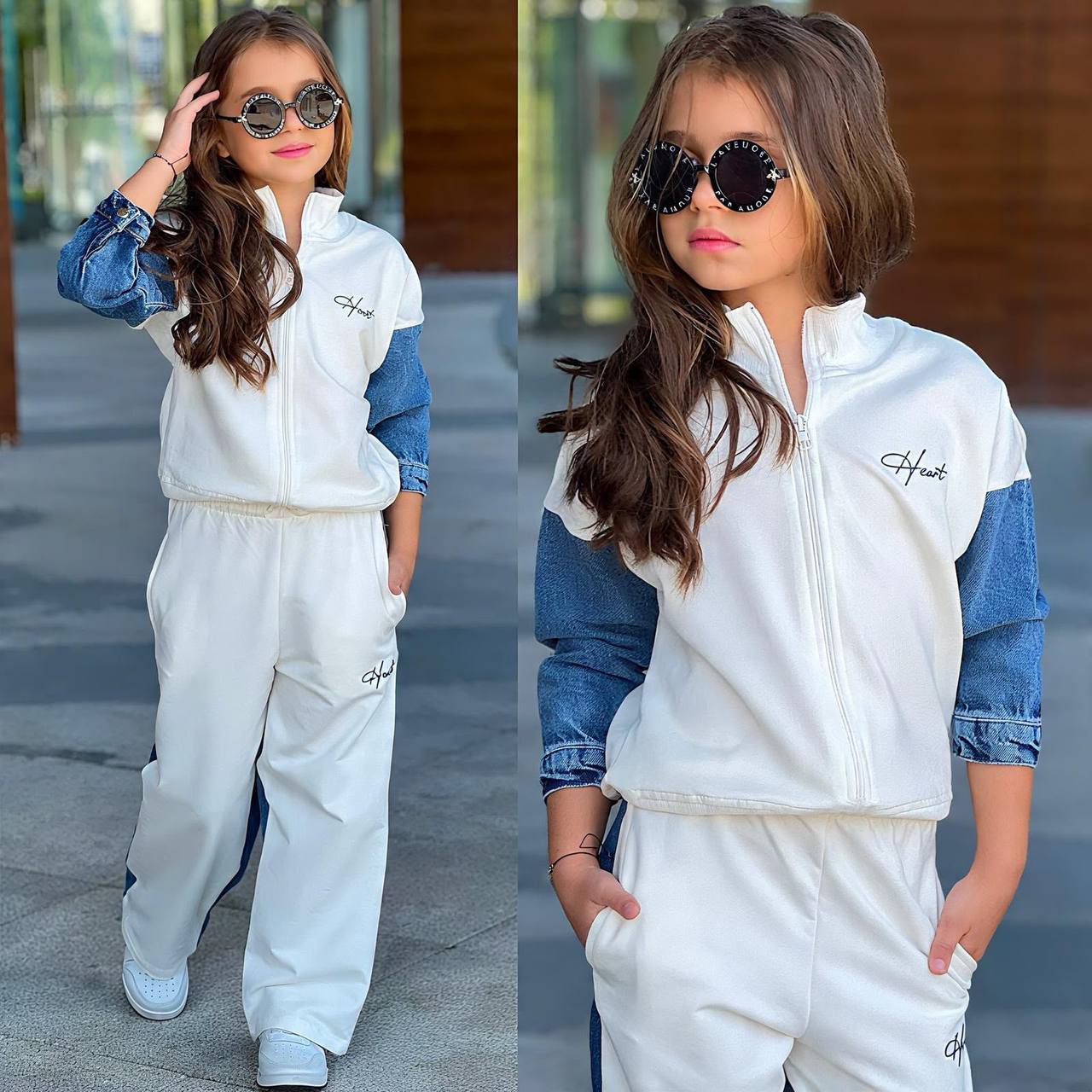 Trening pentru Fetite, 2 piese, din Bumbac si Denim, cu Fermoar, Heart