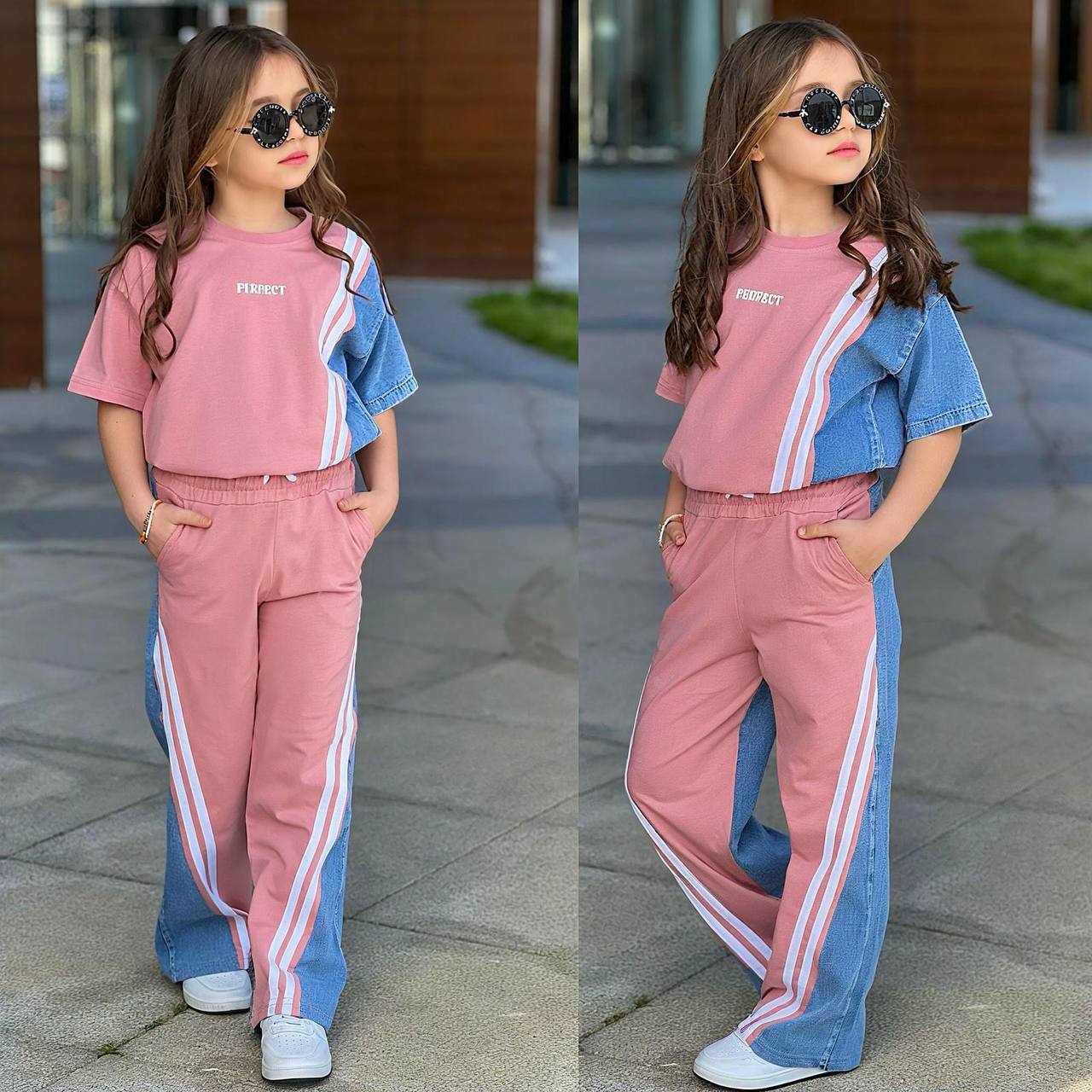 Trening pentru Fetite, cu maneca scurta, din Bumbac si Denim, Perfect