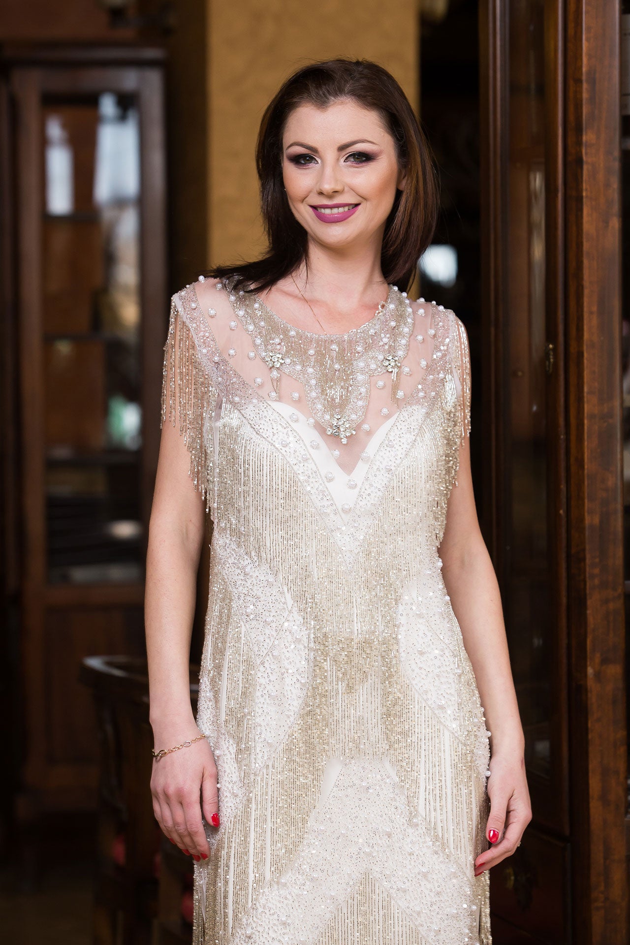 Rochiță elegantă lungă Malvera Luxury cu franjuri de sticlă argintii