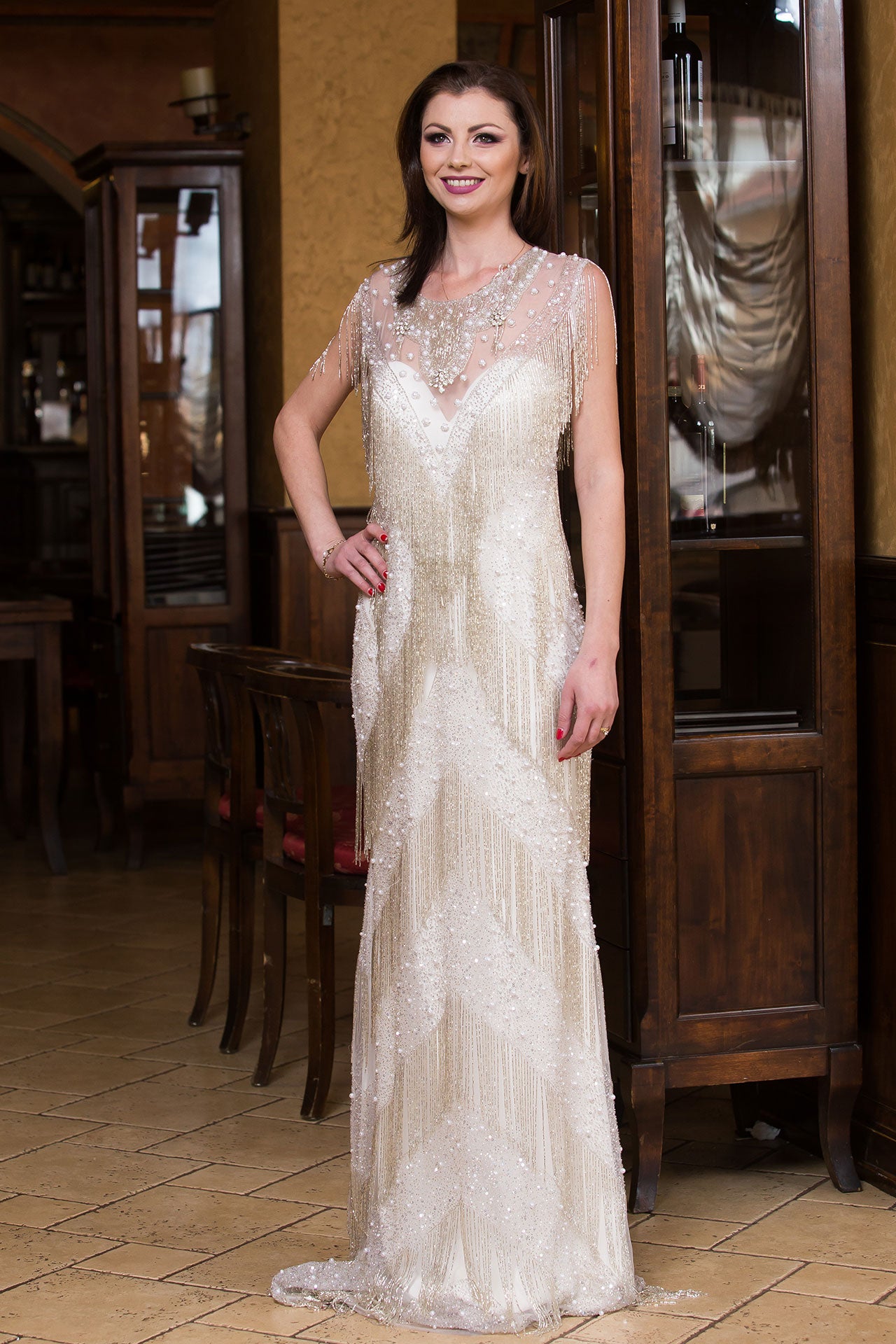 Rochiță elegantă lungă Malvera Luxury cu franjuri de sticlă argintii