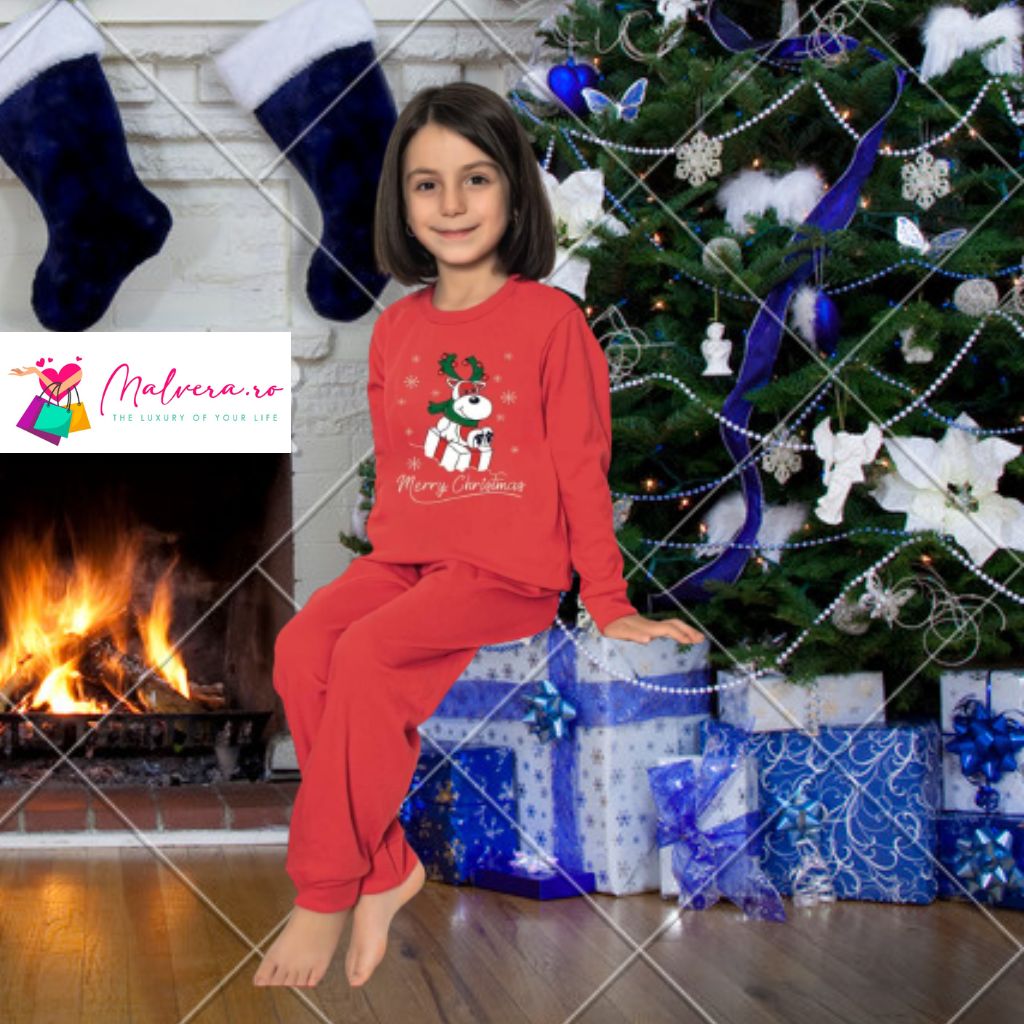 Pijamale de Craciun Rosii pt Fetite Merry Christmas