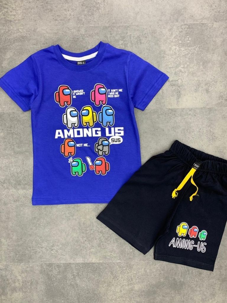 Set 2 piese Among Us cu tricou albastru si pantaloni scurti negri